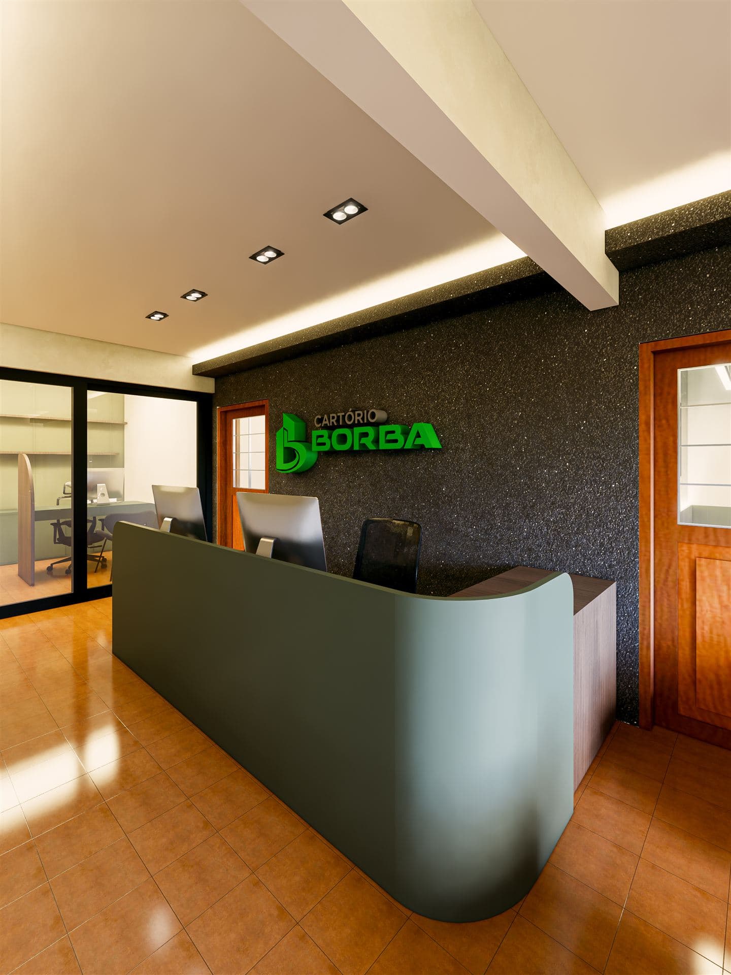 Render do projeto arquitetônico da recepção, com balcão verde e parede grafite